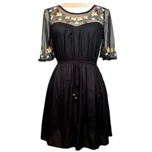 True Destiny Sheer black Floral Embroidered Bodice & short Sleeve Mini Dress